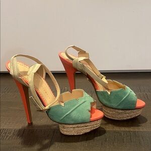 Stylish Charlotte Olympia Green and Orange Platform Heels. Tropical 🌴 Vibe